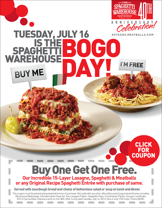 Spaghetti Warehouse: Buy One, Get One Free Entree coupon