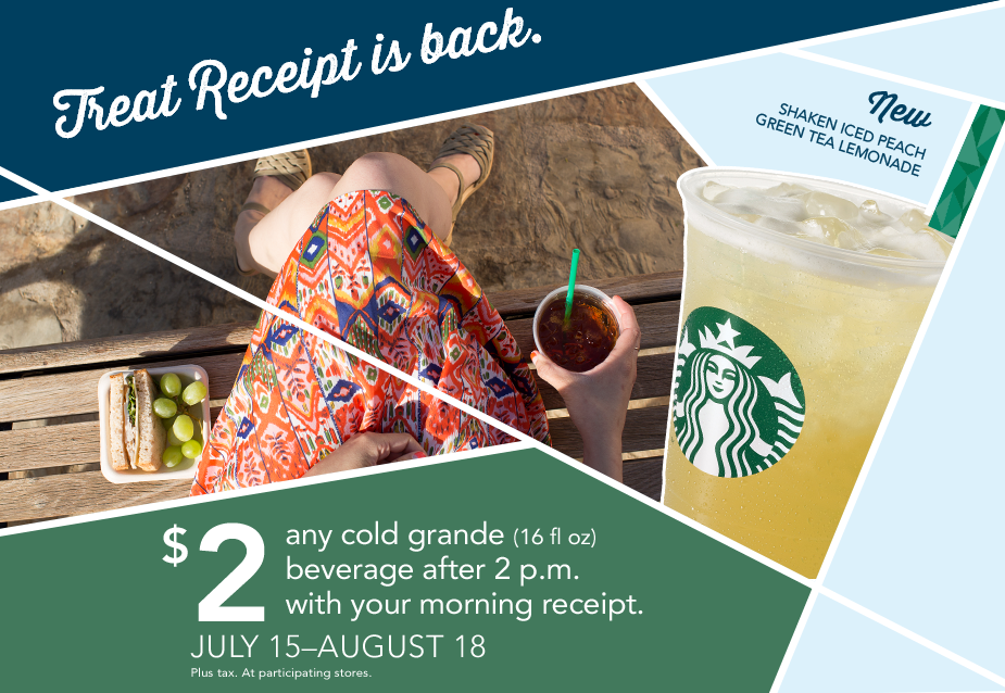 Starbucks Treat Receipt: Bring in your receipt after 2 p.m. to get a $2 Grande cold beverage!