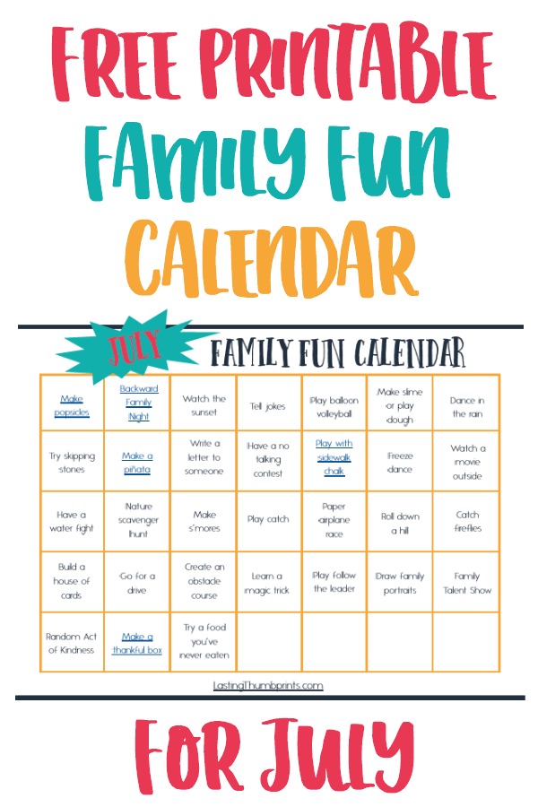 Free Printable July Family Fun Calendar