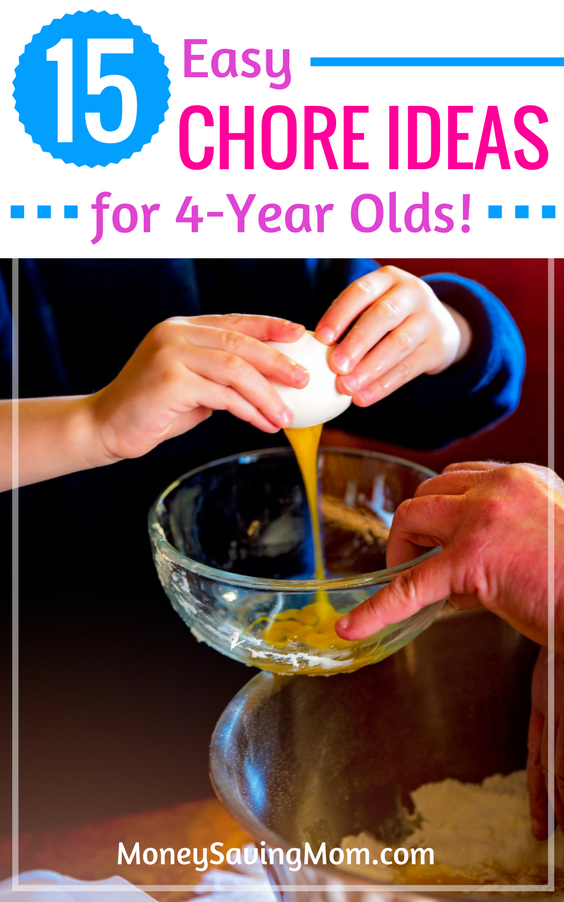 15 Chore Ideas for 4-Year-Olds -- Love these practical ideas for teaching your children to enjoy doing chores. Plus, some chore ideas you may not have thought of assigning to a young child. Great list!