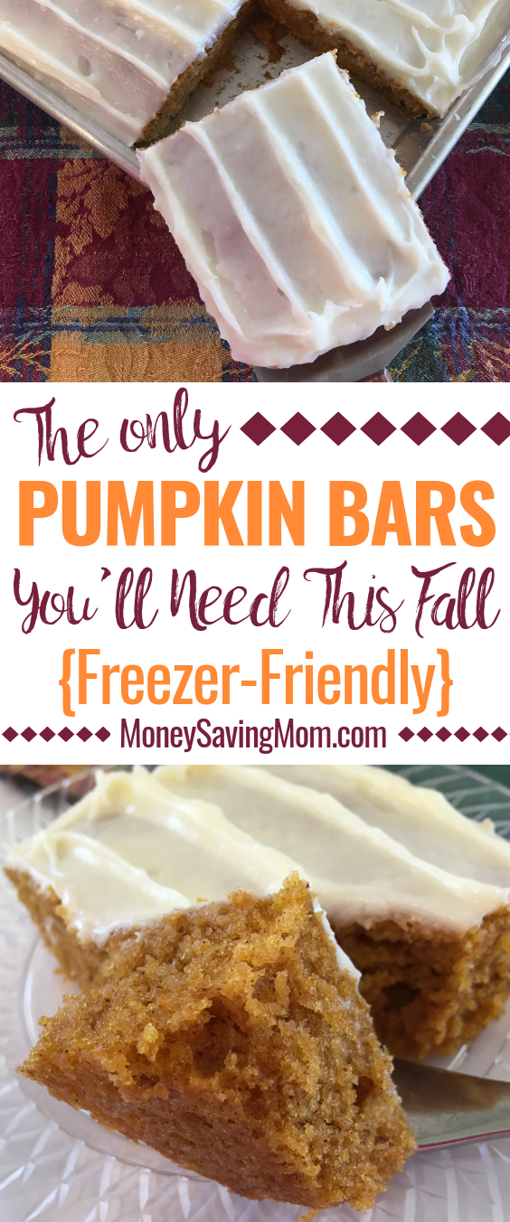 These delicious pumpkin bars are perfect for fall! And they're freezer-friendly!