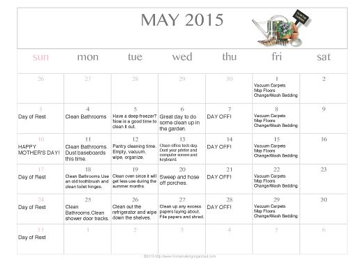 Free printable May 2015 Cleaning Calendar