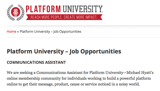 Part-time virtual job opportunity with Michael Hyatt and Platform University