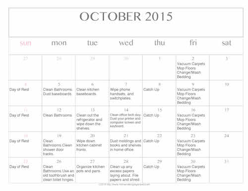 Free Editable Cleaning Calendar for October 2015