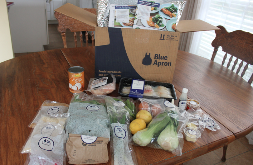 ingredients from Blue Apron box on kitchen table