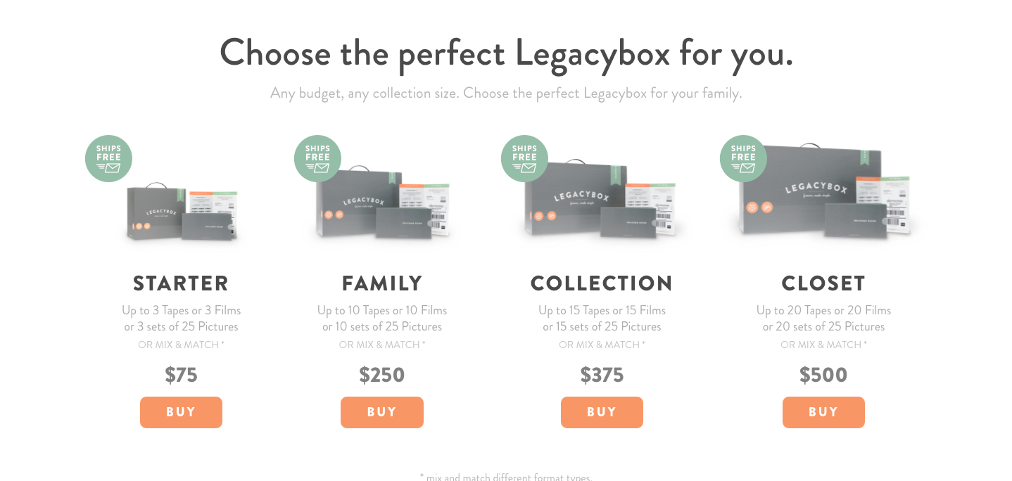 Legacybox pricing options