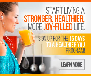 Image shows a woman drinking juice with copy that reads "Start Living a Stronger, Healthier, More Joy-Filled Life"