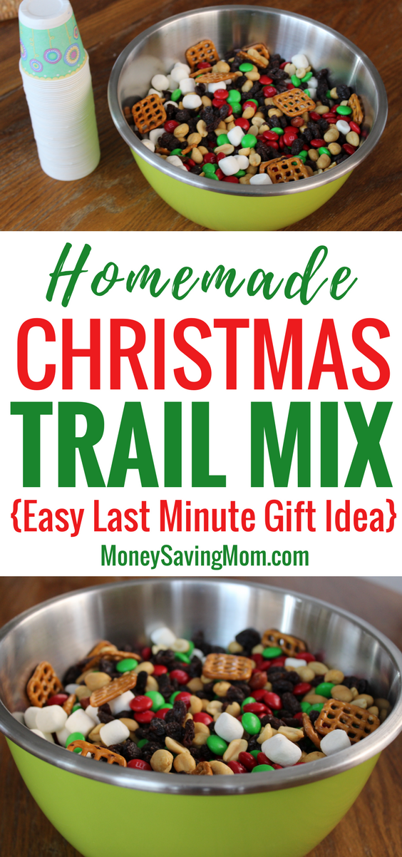 This Homemade Christmas Trail Mix is a great last minute gift idea -- and it's inexpensive and easy!