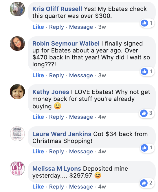 a photo of reader reviews of how much money they made from Ebates