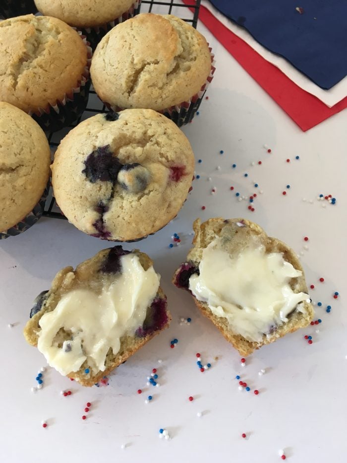 4th of July muffins slathered in butter with confetti