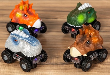 Set of 4 Kids T-Rex & Triceratops Dinosaur Bump & Go Toy Cars w/ LED Lights