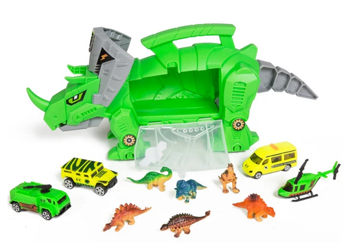 Kids Triceratops Toy Car Carrier Set w/ 4 Vehicles