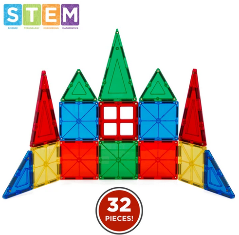 32-Piece Kids Magnetic Building Tiles Toy Set w/ Carrying Case