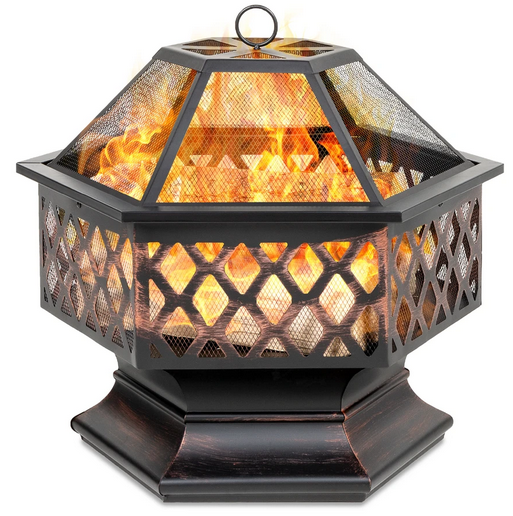 Hex-Shaped Outdoor Fire Pit with Flame-Retardant Lid 