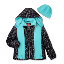 Pink Platinum Girls Foil Print Puffer Coat, Scarf and Hat