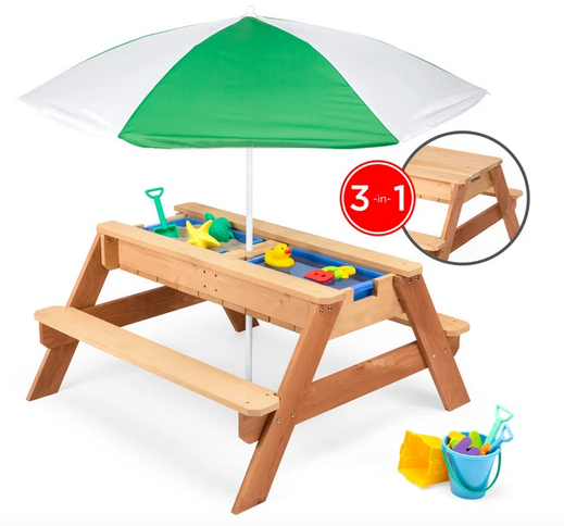3-in-1 Kids Convertible Wood Sand & Water Picnic Table w/ Umbrella