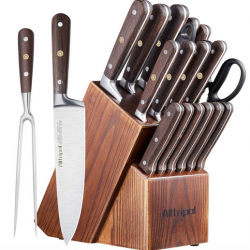 18 Piece Kitchen Knives Set with Wooden Block Sharpener & Scissors