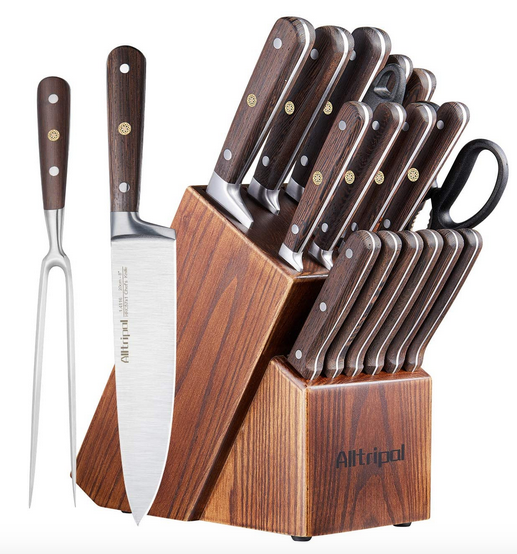 18 Piece Kitchen Knives Set with Wooden Block Sharpener & Scissors