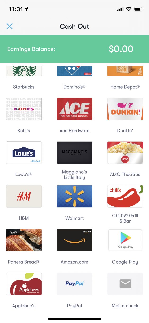 gift card options for cash out on Upside app