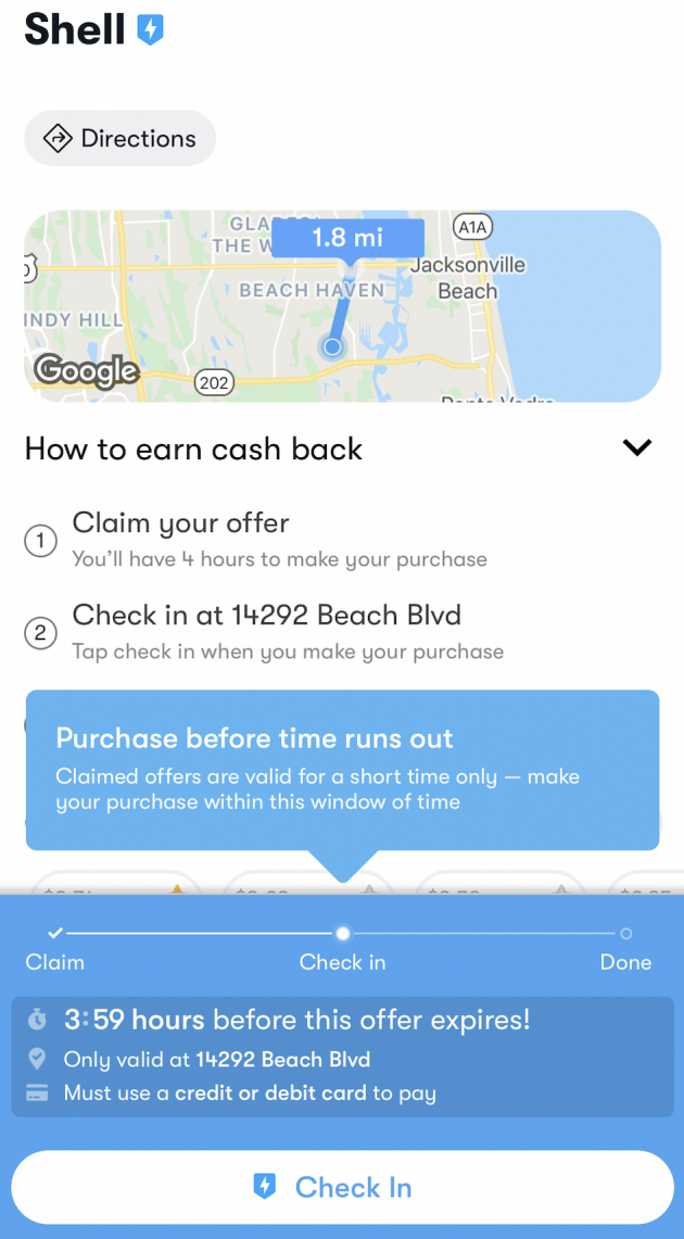 cash back at Shell gas station through Upside app