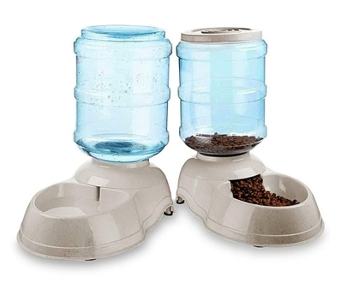White Self Dispensing Pet Food Bowl & Water Bowl Set 