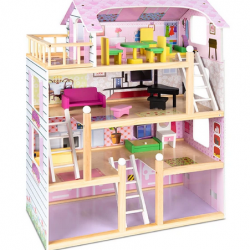 4-Level Kids Wooden Dollhouse w/ 13 Furniture Accessories