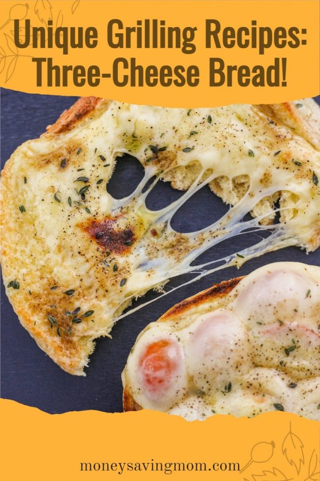 This 3-cheese garlic bread recipe is a fantastic grilling recipe that will sure to be a crowd pleaser.  The ingredients in this blend together perfectly and one of the cheeses includes cream cheese!  #grilling recipe