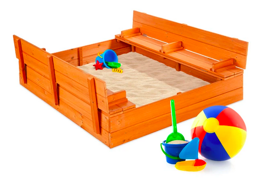 Kids Cedar Sandbox with Sand Screen and 2 Benches