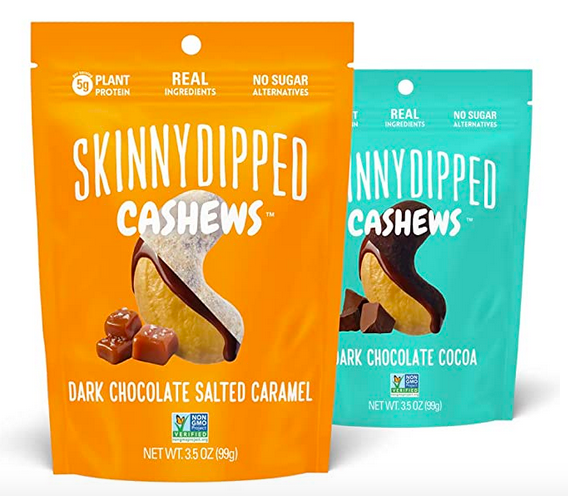 SkinnyDipped Go Nuts Dark Chocolate Salted Caramel/Cocoa Cashew Variety Pack, Healthy Snack, Plant Protein, Gluten Free, 3.5 oz Resealable Bags, Pack of 5 