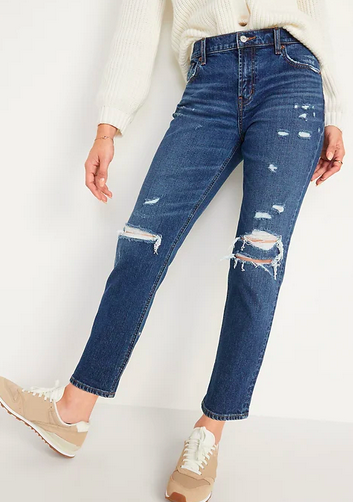 Mid-Rise Ripped Boyfriend Straight Jeans 