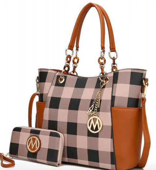 Mariely Checker Tote Bag & Wallet Set