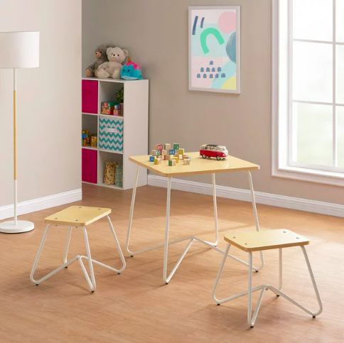Mainstays Kids 3-Piece Finn Metal and Wood Play Table and Stool Set