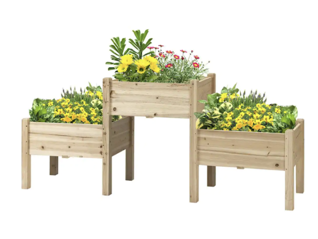 Natural Fir Raised Garden Bed with Freestanding Wooden 3-Tier Plant Stand
