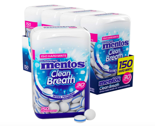 Mentos Clean Breath Sugarfree Hard Mint, 150pc, Intense Peppermint (Pack of 4 Bottles) 