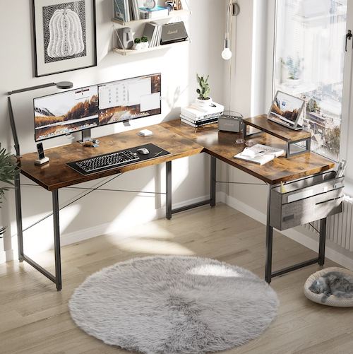 Modern L-Shaped 59-Inch Desk with Monitor Shelf in Vintage