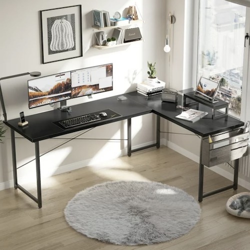 Modern L-Shaped 66-Inch Desk with Monitor Shelf in Black