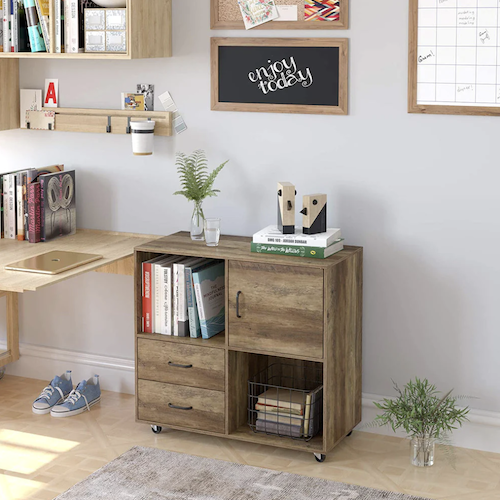Mobile Storage Cabinet with Drawers and Open Shelves