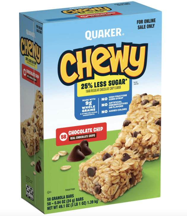 Quaker Chewy Granola Bars, 25% Less Sugar Chocolate Chip, 58 Count