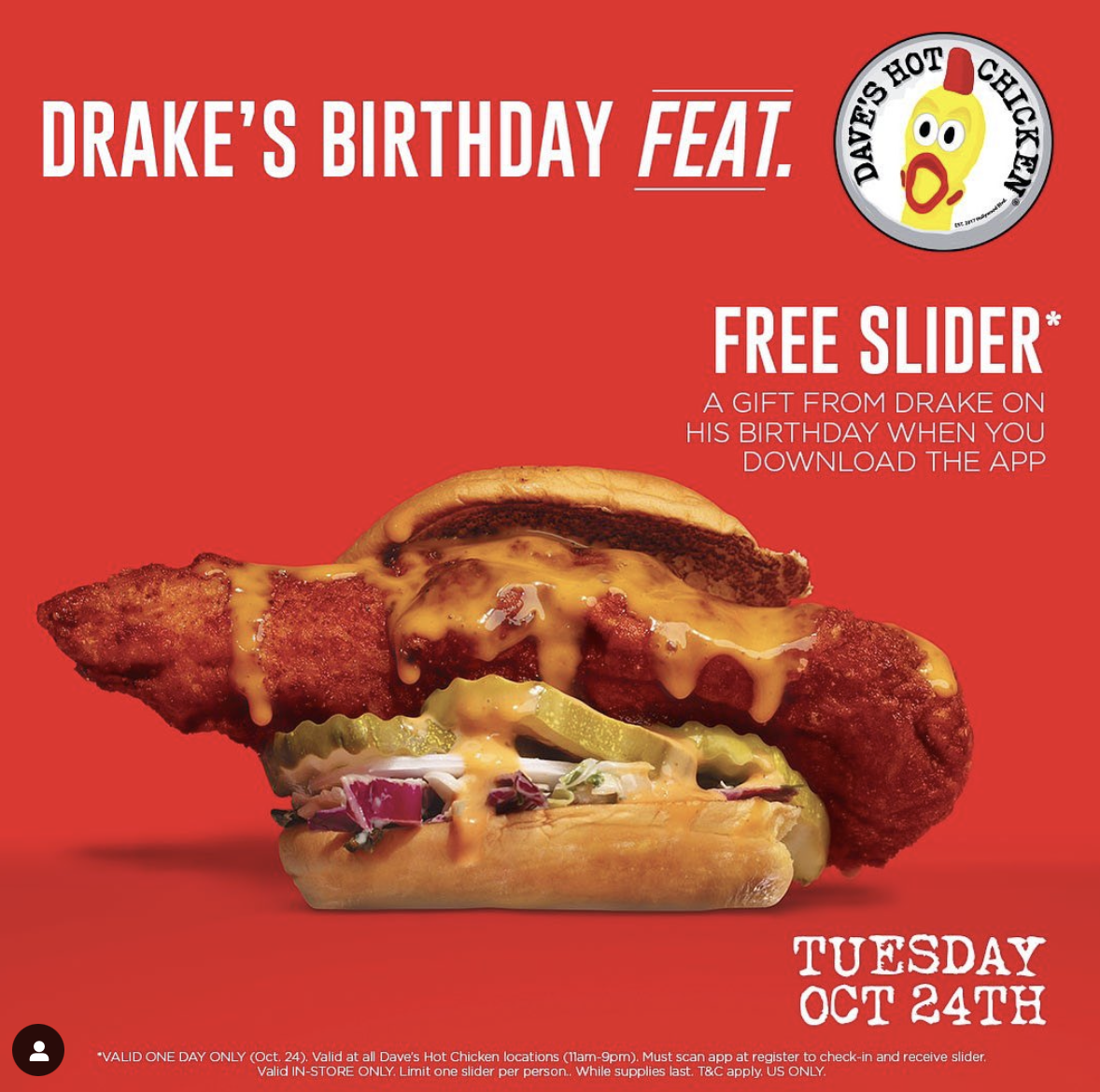 Dave’s Sizzling Hen: Free Slider on October twenty fourth!