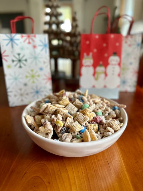 White Christmas Mix in bowl with holiday bags