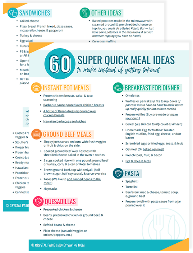 60 Super Quick Meal Ideas printable preview.
