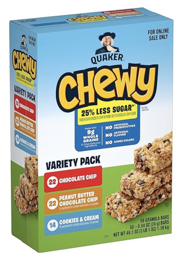 Quaker Chewy Lower Sugar Granola Bars, 3 Flavor Variety Pack, 58 Count