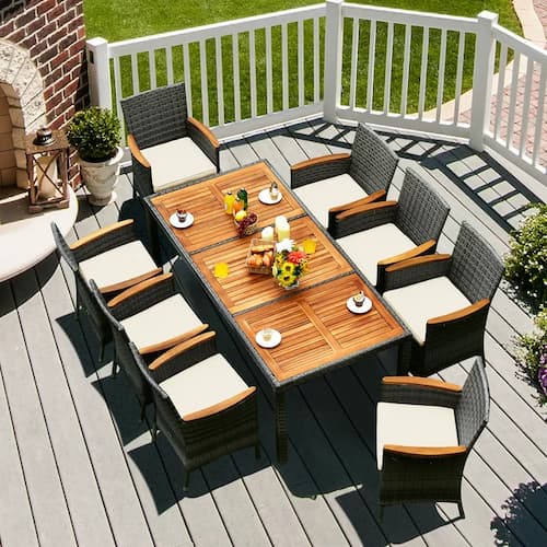 Costway 9-Piece Patio Rattan Dining Set with Acacia Wood Table