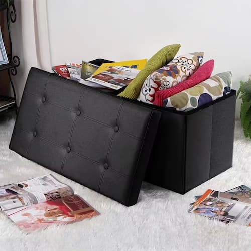 Black PVC Leather Square Ottoman with Storage