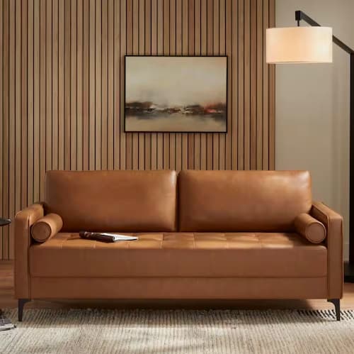 StyleWell Goodwin Mid-Century Modern Vegan Faux Leather Sofa with Throw Pillows