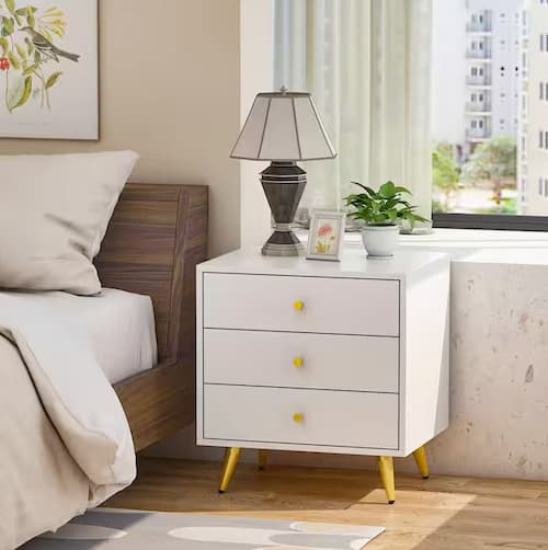 White 3-Drawer Nightstand With Metal Legs