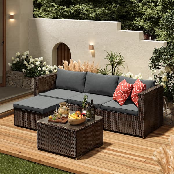 Dossena 5-Piece Outdoor Patio Conversation Set with Cushions, PE Rattan Wicker Reversible Sectional