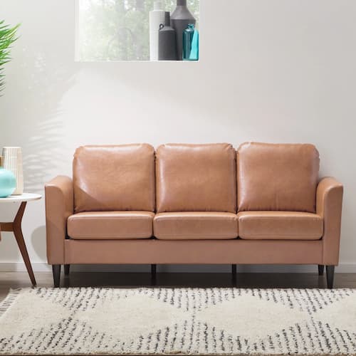 Mayview Ruthie 73" Curved Arm Sofa, Camel Faux Leather