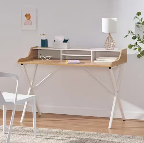 Noble House 48 in. Rectangular Oak White Writing Desk with Open Storage 