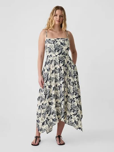 Squareneck Handkerchief Hem Midi Dress